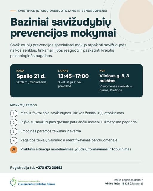 Kviečiame į bazinius savižudybių prevencijos mokymus